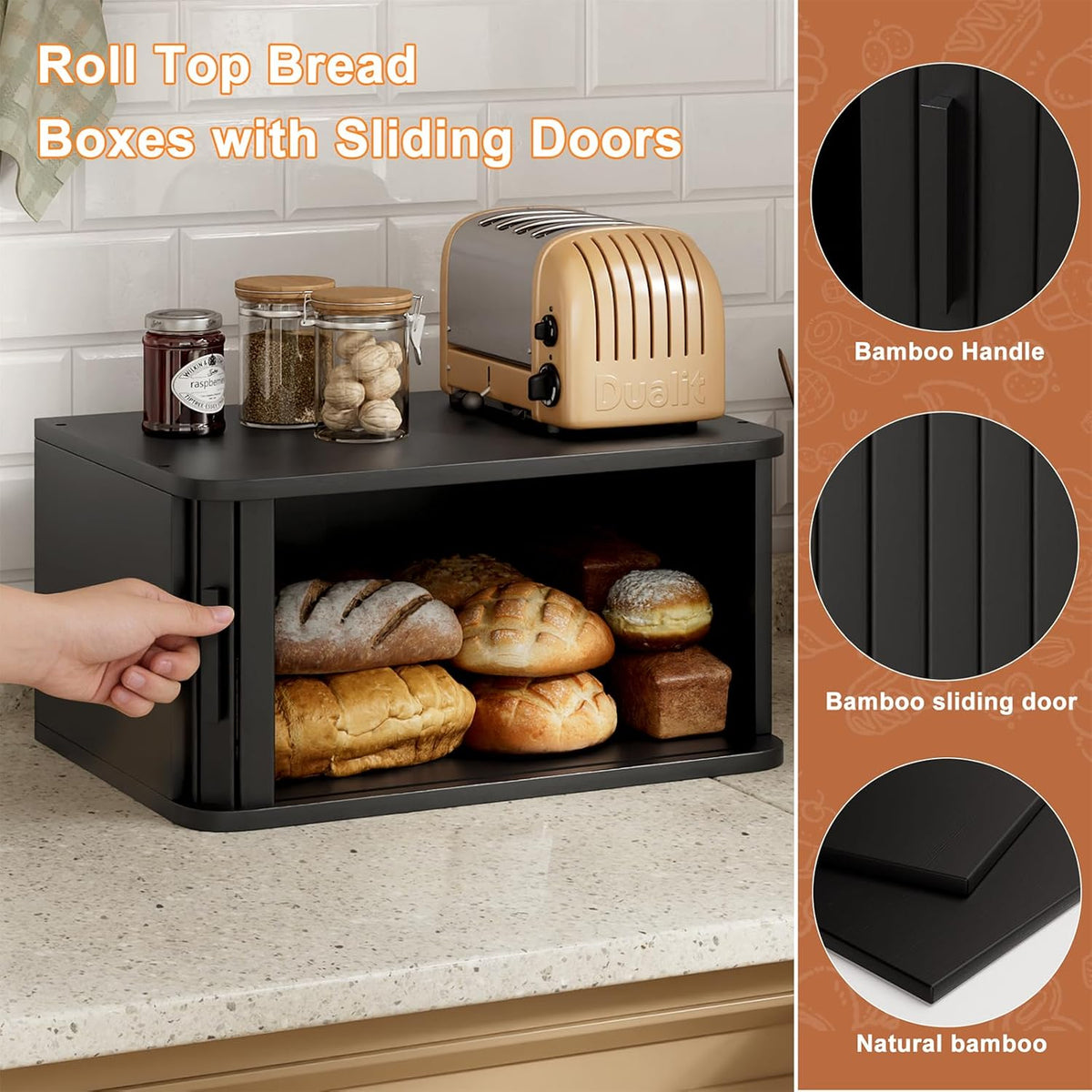 WOWLIVE Bread Box for Kitchen Countertop, Large Roll Top Bread Boxes with Sliding Door, Airtight Bread Storage Container for Loaves, Pastries & Bagels, Bamboo Counter Organizer (Natural, Medium)