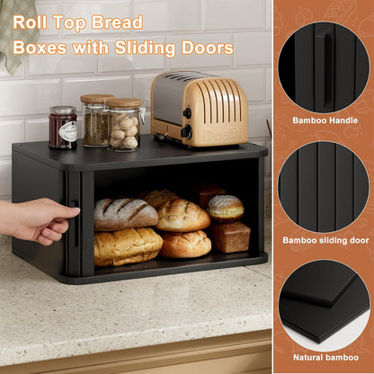 WOWLIVE Bread Box for Kitchen Countertop, Large Roll Top Bread Boxes with Sliding Door, Airtight Bread Storage Container for Loaves, Pastries & Bagels, Bamboo Counter Organizer (Natural, Medium)