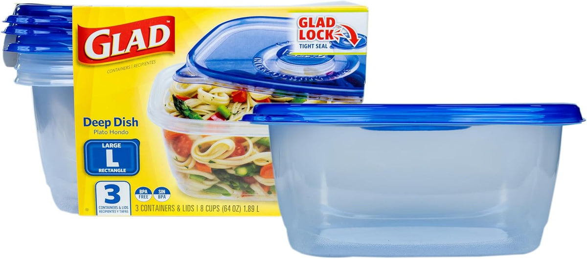 Glad GladWare XL Square Food Storage Containers with Lock Tight Lids, BPA-Free Family Size Plastic Containers for Leftovers, Meal Prep, and Freezer Storage, Dishwasher Safe, 104 Oz