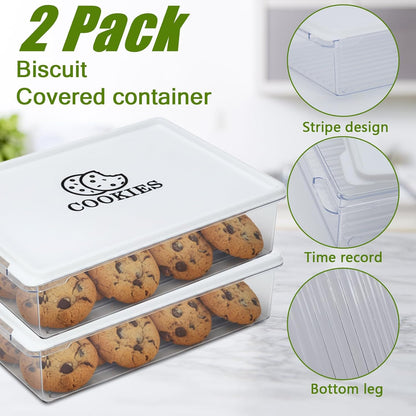 2 Pack Cookie Storage Container Airtight,BPA-Free Cookie Carrier,Stackable Plastic Cookies Jar,Cookies Holder Box Drawer Keeper for Baked Biscuits,Seafood,Vegetables,Desserts, Snacks,Dumplings