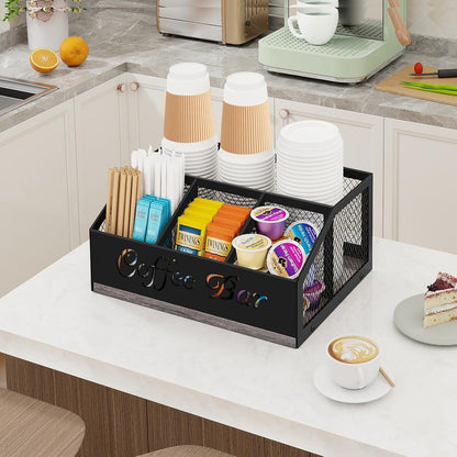 Coffee Station Organizer, Rustic Brown Wooden Countertop Coffee Bar Accessories Organizer with Metal Mesh Compartments for Pods, Syrup, Cups, Stirrer, Tea