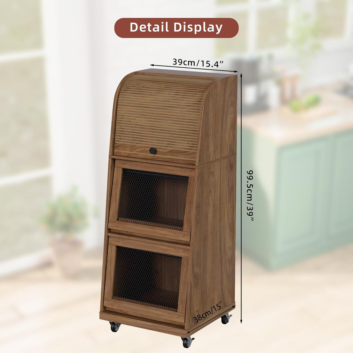 4 Tier Narrow Potato Storage Bin, Tall Wood Potato and Onion Storage Bin with Wheel, Movable Fruit and Vegetable Basket, Food Small Kitchen Pantry Cabinet, Wooden Bread Box, Walnut, Sliding Door