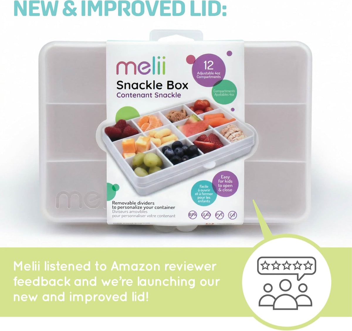 melii Snackle Box |12-Compartment Snack Container with Removable Dividers, BPA-Free Food Storage for Travel, School & On-the-Go Snacks, Kids & Family Organizer (Grey)