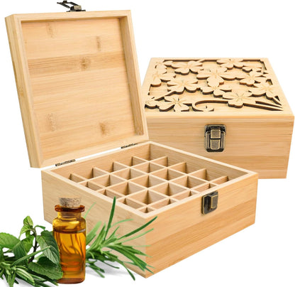 Pure Vie Essential Oil Bamboo Storage Box Travel Display Presentation, Holds 26 Bottles for 5, 10, 15ml - Aromatherapy Organizer Nail Polish Fragrance Container - Keep Your Oils Safe & Space Saver
