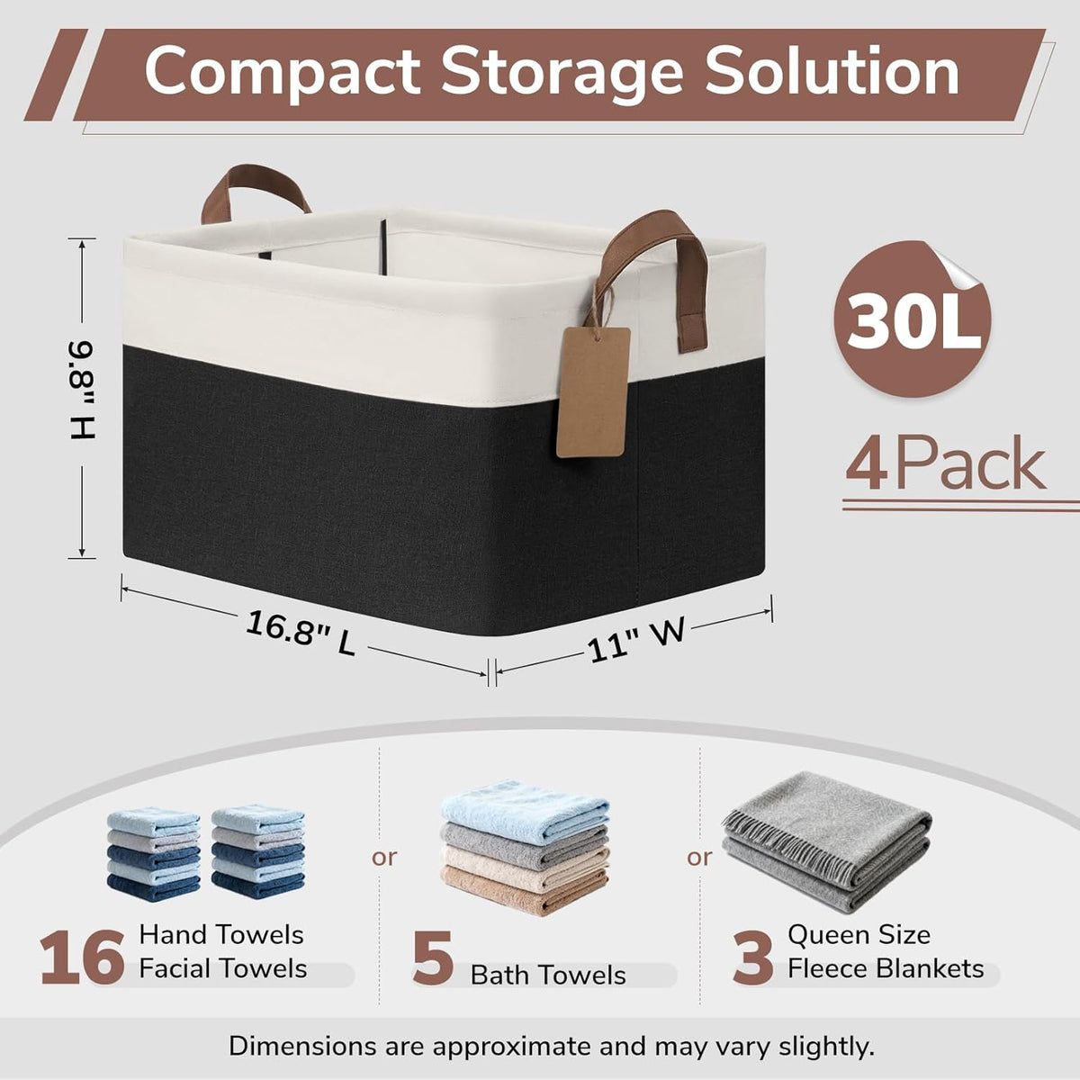 CHICVITA 4 Pack Large Storage Baskets for Shelves, Collapsible Closet Organizer Bins with Metal Frame, Fabric Storage Bins for Clothes Towels Organization, 16.8" x 11" x 9.8", Beige