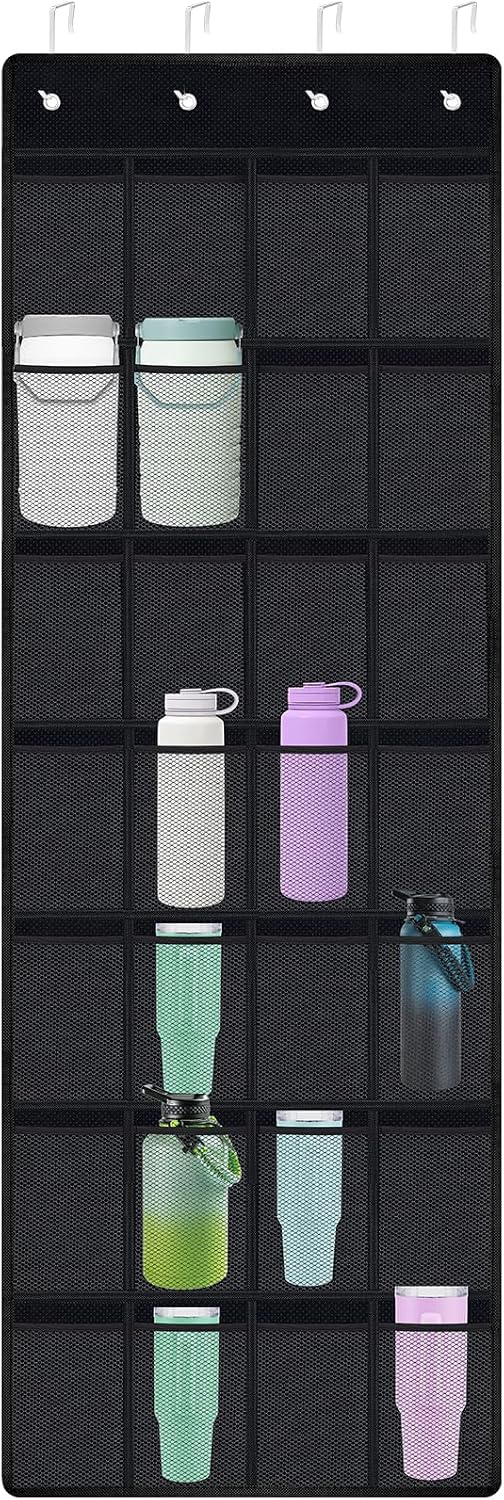 35 Pockets Door Hanging Cup Organizer Fit for Stanley Tumbler, Black | Large Capacity Over the Door Water Bottle Organizer in Kitchen, Pantry, Classroom, Elastic Mesh Secure Storage Cup Holder