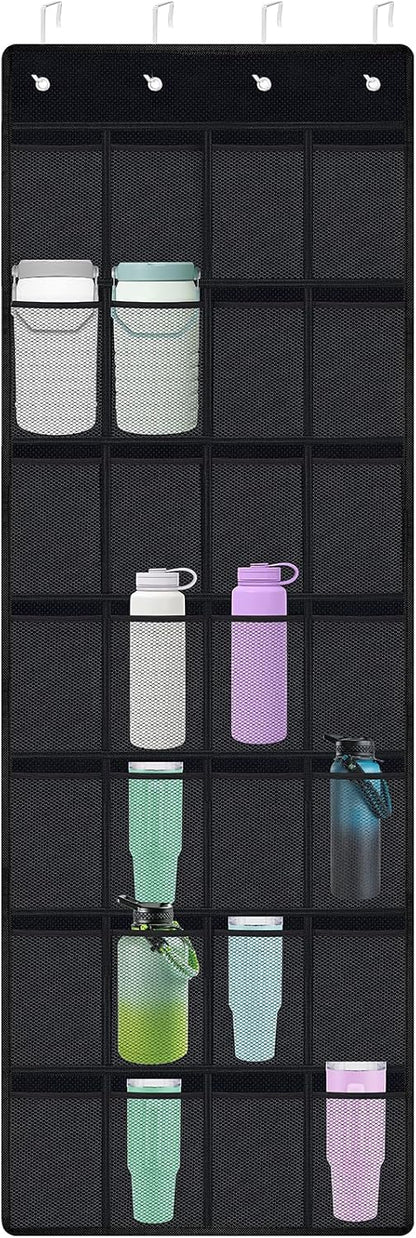 35 Pockets Door Hanging Cup Organizer Fit for Stanley Tumbler, Black | Large Capacity Over the Door Water Bottle Organizer in Kitchen, Pantry, Classroom, Elastic Mesh Secure Storage Cup Holder