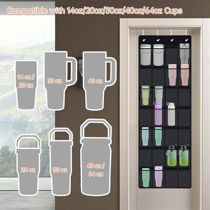 35 Pockets Door Hanging Cup Organizer Fit for Stanley Tumbler, Black | Large Capacity Over the Door Water Bottle Organizer in Kitchen, Pantry, Classroom, Elastic Mesh Secure Storage Cup Holder