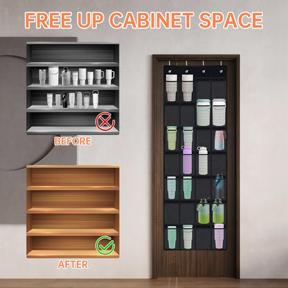 35 Pockets Door Hanging Cup Organizer Fit for Stanley Tumbler, Black | Large Capacity Over the Door Water Bottle Organizer in Kitchen, Pantry, Classroom, Elastic Mesh Secure Storage Cup Holder