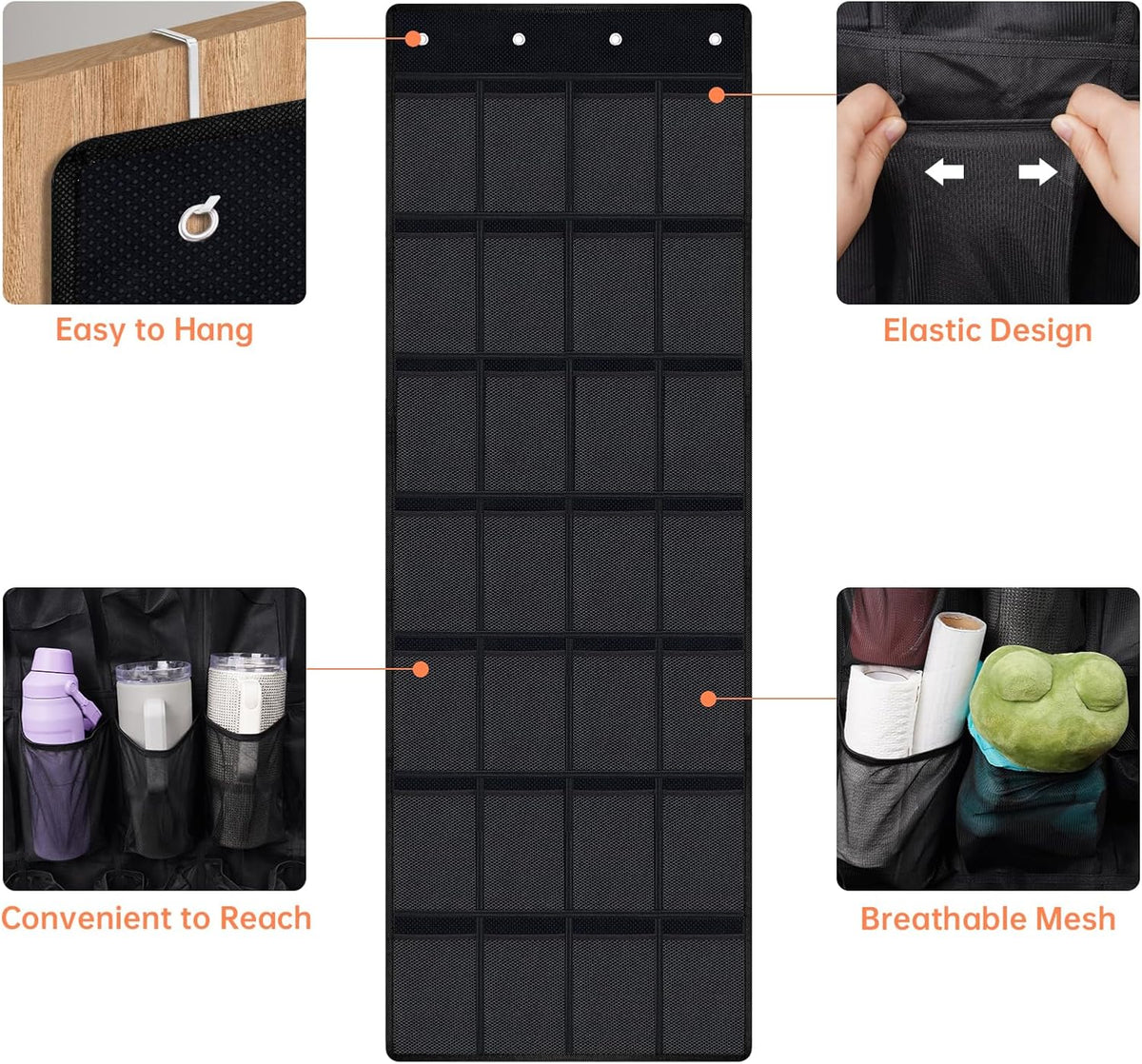 35 Pockets Door Hanging Cup Organizer Fit for Stanley Tumbler, Black | Large Capacity Over the Door Water Bottle Organizer in Kitchen, Pantry, Classroom, Elastic Mesh Secure Storage Cup Holder
