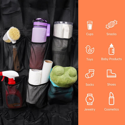 35 Pockets Door Hanging Cup Organizer Fit for Stanley Tumbler, Black | Large Capacity Over the Door Water Bottle Organizer in Kitchen, Pantry, Classroom, Elastic Mesh Secure Storage Cup Holder