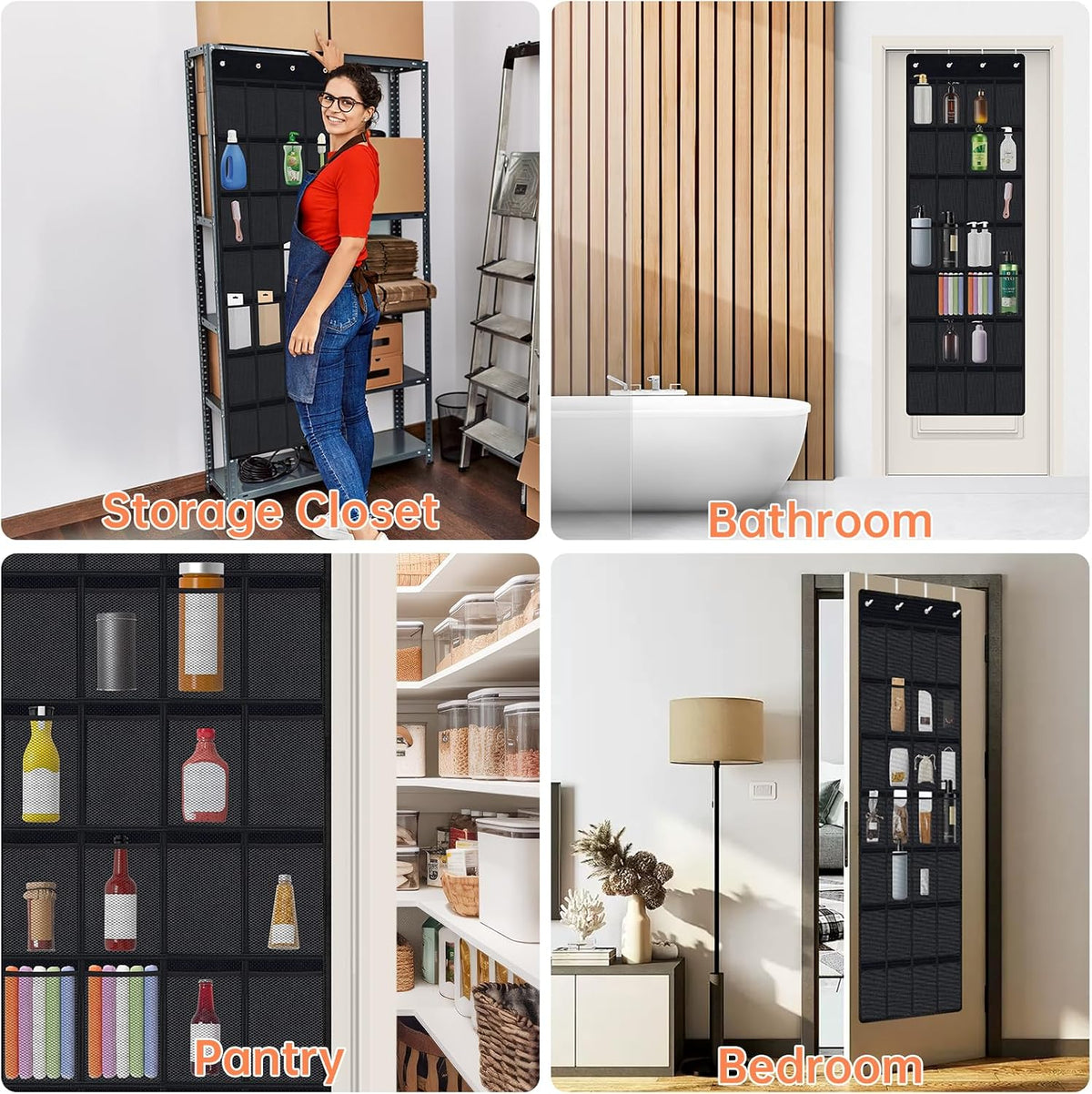 35 Pockets Door Hanging Cup Organizer Fit for Stanley Tumbler, Black | Large Capacity Over the Door Water Bottle Organizer in Kitchen, Pantry, Classroom, Elastic Mesh Secure Storage Cup Holder
