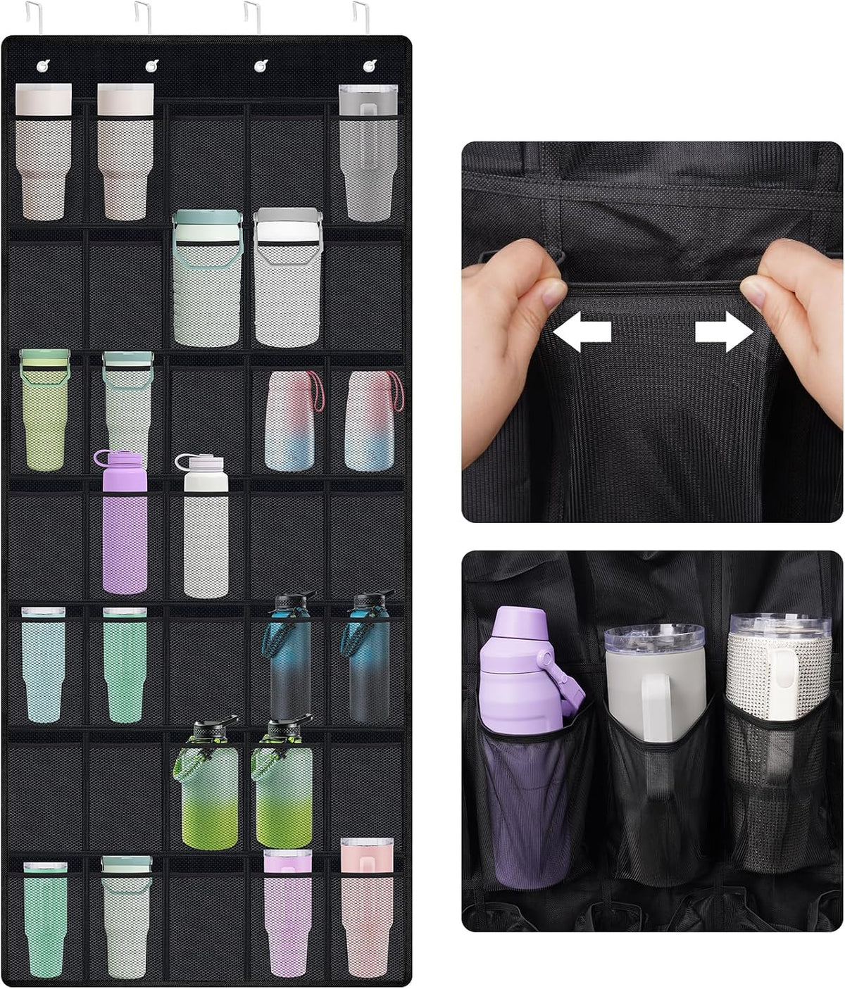 35 Pockets Door Hanging Cup Organizer Fit for Stanley Tumbler, Black | Large Capacity Over the Door Water Bottle Organizer in Kitchen, Pantry, Classroom, Elastic Mesh Secure Storage Cup Holder