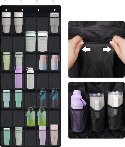 35 Pockets Door Hanging Cup Organizer Fit for Stanley Tumbler, Black | Large Capacity Over the Door Water Bottle Organizer in Kitchen, Pantry, Classroom, Elastic Mesh Secure Storage Cup Holder