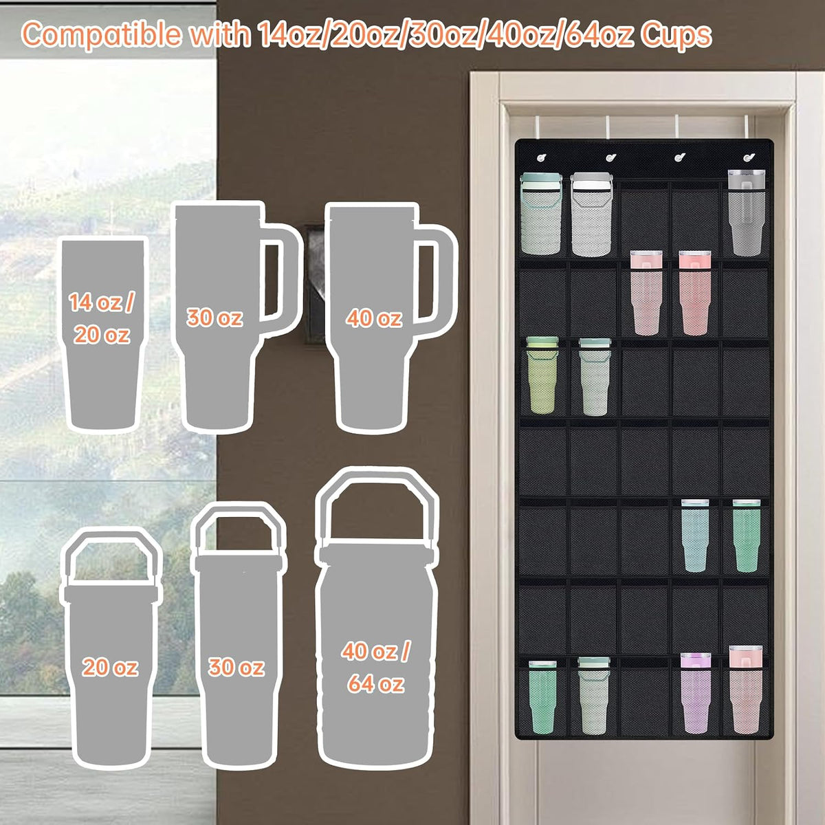 35 Pockets Door Hanging Cup Organizer Fit for Stanley Tumbler, Black | Large Capacity Over the Door Water Bottle Organizer in Kitchen, Pantry, Classroom, Elastic Mesh Secure Storage Cup Holder