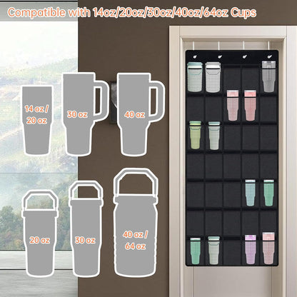 35 Pockets Door Hanging Cup Organizer Fit for Stanley Tumbler, Black | Large Capacity Over the Door Water Bottle Organizer in Kitchen, Pantry, Classroom, Elastic Mesh Secure Storage Cup Holder