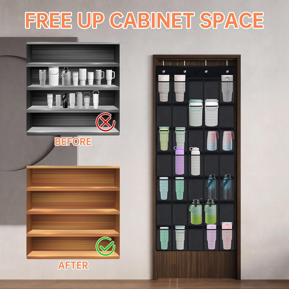 35 Pockets Door Hanging Cup Organizer Fit for Stanley Tumbler, Black | Large Capacity Over the Door Water Bottle Organizer in Kitchen, Pantry, Classroom, Elastic Mesh Secure Storage Cup Holder