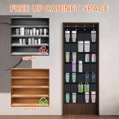 35 Pockets Door Hanging Cup Organizer Fit for Stanley Tumbler, Black | Large Capacity Over the Door Water Bottle Organizer in Kitchen, Pantry, Classroom, Elastic Mesh Secure Storage Cup Holder