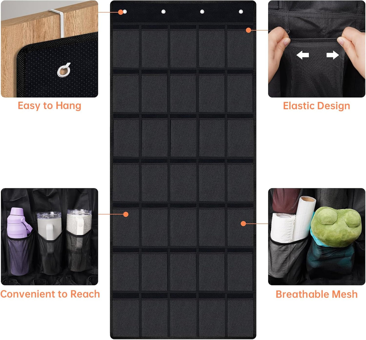 35 Pockets Door Hanging Cup Organizer Fit for Stanley Tumbler, Black | Large Capacity Over the Door Water Bottle Organizer in Kitchen, Pantry, Classroom, Elastic Mesh Secure Storage Cup Holder