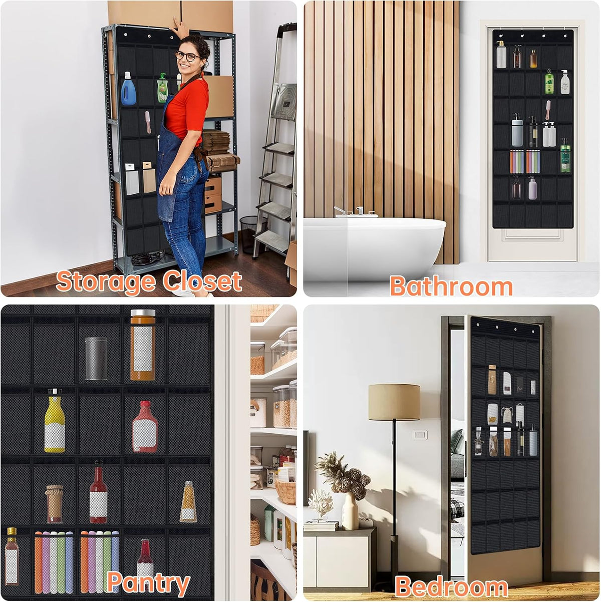 35 Pockets Door Hanging Cup Organizer Fit for Stanley Tumbler, Black | Large Capacity Over the Door Water Bottle Organizer in Kitchen, Pantry, Classroom, Elastic Mesh Secure Storage Cup Holder