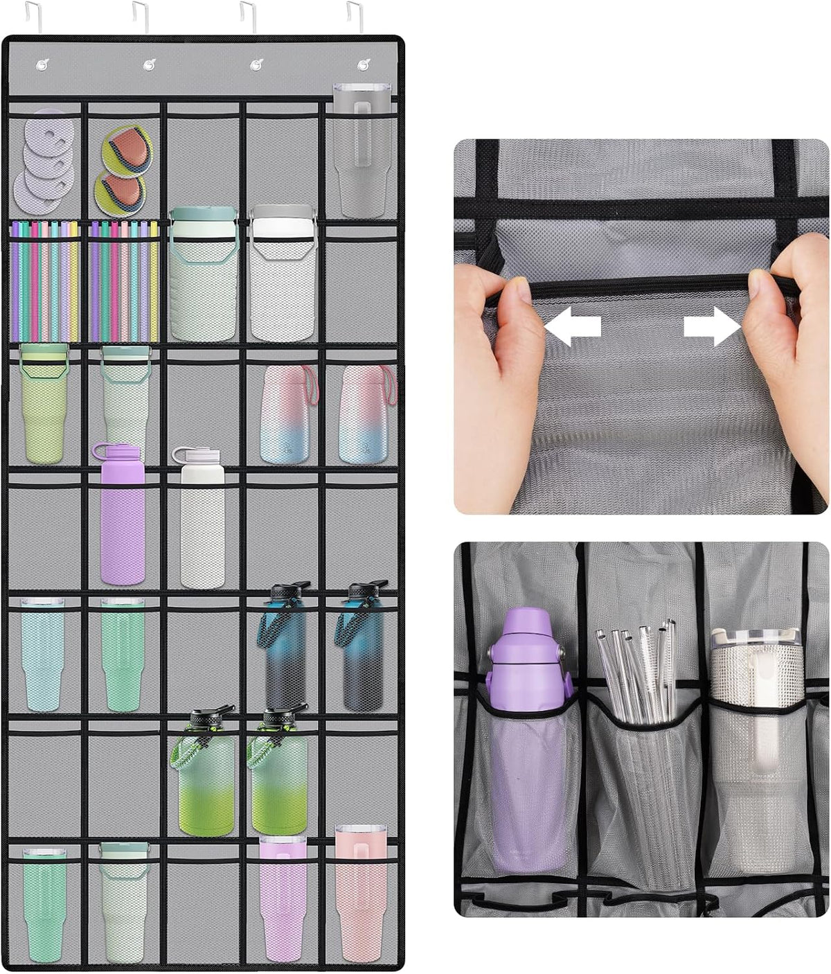 35 Pockets Door Hanging Cup Organizer Fit for Stanley Tumbler, Black | Large Capacity Over the Door Water Bottle Organizer in Kitchen, Pantry, Classroom, Elastic Mesh Secure Storage Cup Holder