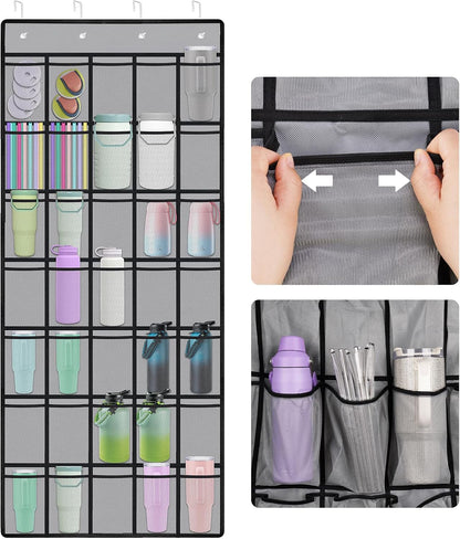 35 Pockets Door Hanging Cup Organizer Fit for Stanley Tumbler, Black | Large Capacity Over the Door Water Bottle Organizer in Kitchen, Pantry, Classroom, Elastic Mesh Secure Storage Cup Holder