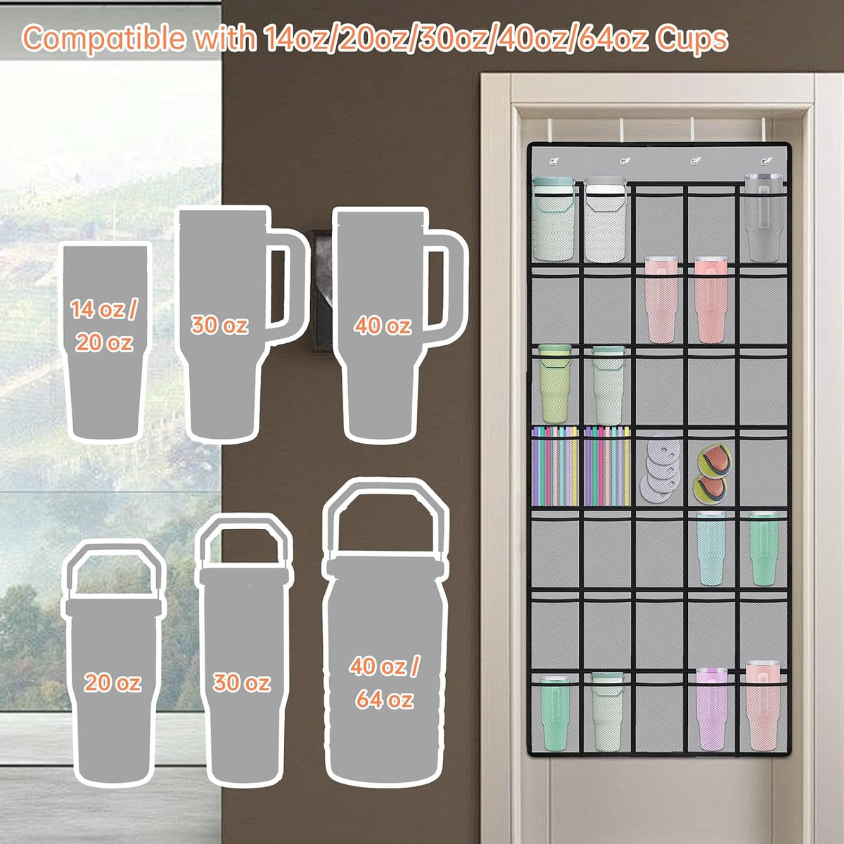 35 Pockets Door Hanging Cup Organizer Fit for Stanley Tumbler, Black | Large Capacity Over the Door Water Bottle Organizer in Kitchen, Pantry, Classroom, Elastic Mesh Secure Storage Cup Holder