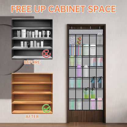 35 Pockets Door Hanging Cup Organizer Fit for Stanley Tumbler, Black | Large Capacity Over the Door Water Bottle Organizer in Kitchen, Pantry, Classroom, Elastic Mesh Secure Storage Cup Holder