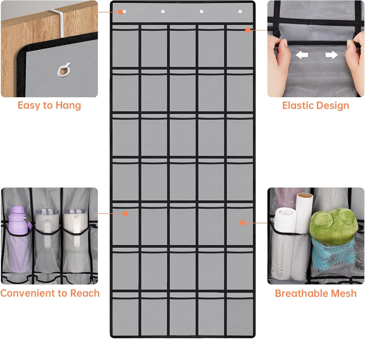 35 Pockets Door Hanging Cup Organizer Fit for Stanley Tumbler, Black | Large Capacity Over the Door Water Bottle Organizer in Kitchen, Pantry, Classroom, Elastic Mesh Secure Storage Cup Holder