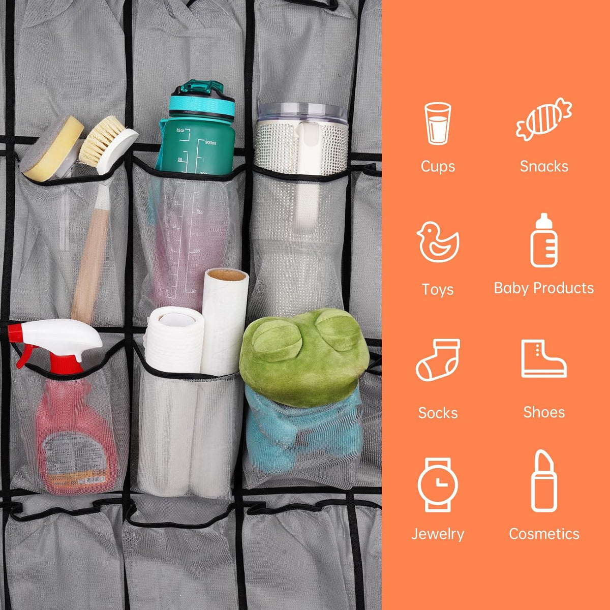 35 Pockets Door Hanging Cup Organizer Fit for Stanley Tumbler, Black | Large Capacity Over the Door Water Bottle Organizer in Kitchen, Pantry, Classroom, Elastic Mesh Secure Storage Cup Holder