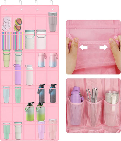 35 Pockets Door Hanging Cup Organizer Fit for Stanley Tumbler, Black | Large Capacity Over the Door Water Bottle Organizer in Kitchen, Pantry, Classroom, Elastic Mesh Secure Storage Cup Holder