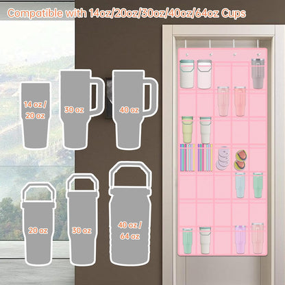 35 Pockets Door Hanging Cup Organizer Fit for Stanley Tumbler, Black | Large Capacity Over the Door Water Bottle Organizer in Kitchen, Pantry, Classroom, Elastic Mesh Secure Storage Cup Holder