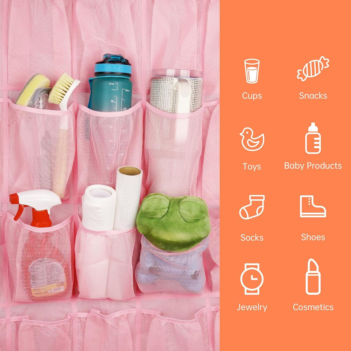 35 Pockets Door Hanging Cup Organizer Fit for Stanley Tumbler, Black | Large Capacity Over the Door Water Bottle Organizer in Kitchen, Pantry, Classroom, Elastic Mesh Secure Storage Cup Holder