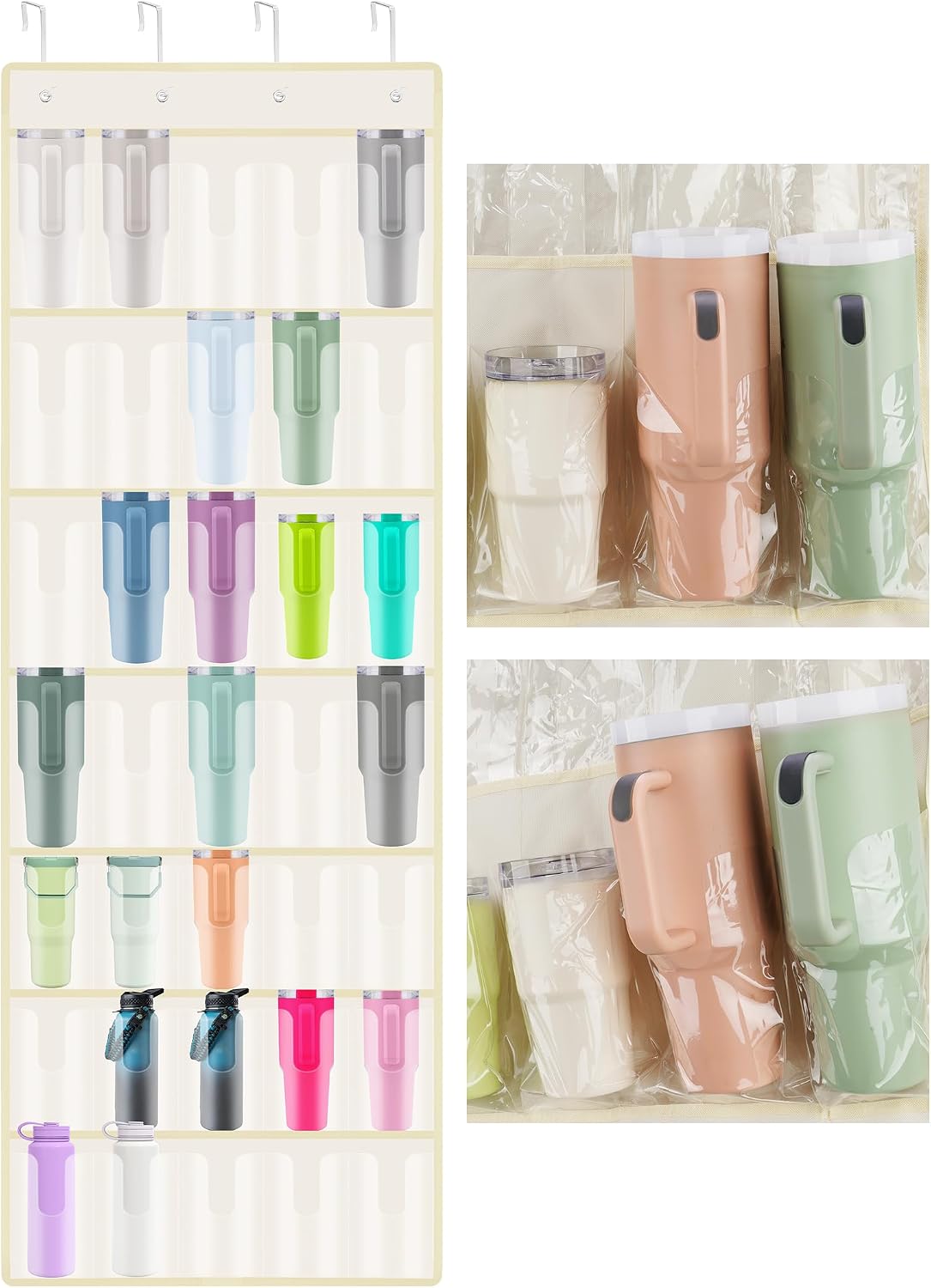 35 Pockets Door Hanging Cup Organizer Fit for Stanley Tumbler, Black | Large Capacity Over the Door Water Bottle Organizer in Kitchen, Pantry, Classroom, Elastic Mesh Secure Storage Cup Holder