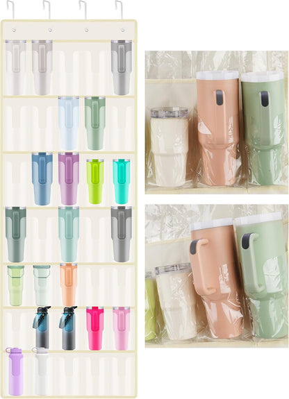 35 Pockets Door Hanging Cup Organizer Fit for Stanley Tumbler, Black | Large Capacity Over the Door Water Bottle Organizer in Kitchen, Pantry, Classroom, Elastic Mesh Secure Storage Cup Holder