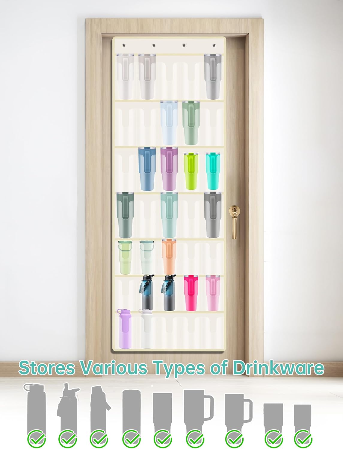 35 Pockets Door Hanging Cup Organizer Fit for Stanley Tumbler, Black | Large Capacity Over the Door Water Bottle Organizer in Kitchen, Pantry, Classroom, Elastic Mesh Secure Storage Cup Holder