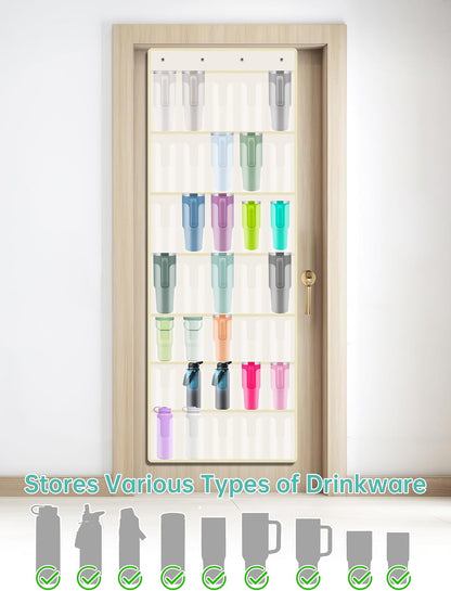 35 Pockets Door Hanging Cup Organizer Fit for Stanley Tumbler, Black | Large Capacity Over the Door Water Bottle Organizer in Kitchen, Pantry, Classroom, Elastic Mesh Secure Storage Cup Holder