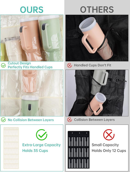 35 Pockets Door Hanging Cup Organizer Fit for Stanley Tumbler, Black | Large Capacity Over the Door Water Bottle Organizer in Kitchen, Pantry, Classroom, Elastic Mesh Secure Storage Cup Holder
