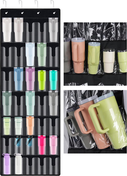 35 Pockets Door Hanging Cup Organizer Fit for Stanley Tumbler, Black | Large Capacity Over the Door Water Bottle Organizer in Kitchen, Pantry, Classroom, Elastic Mesh Secure Storage Cup Holder