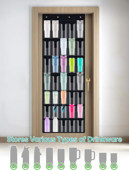 35 Pockets Door Hanging Cup Organizer Fit for Stanley Tumbler, Black | Large Capacity Over the Door Water Bottle Organizer in Kitchen, Pantry, Classroom, Elastic Mesh Secure Storage Cup Holder