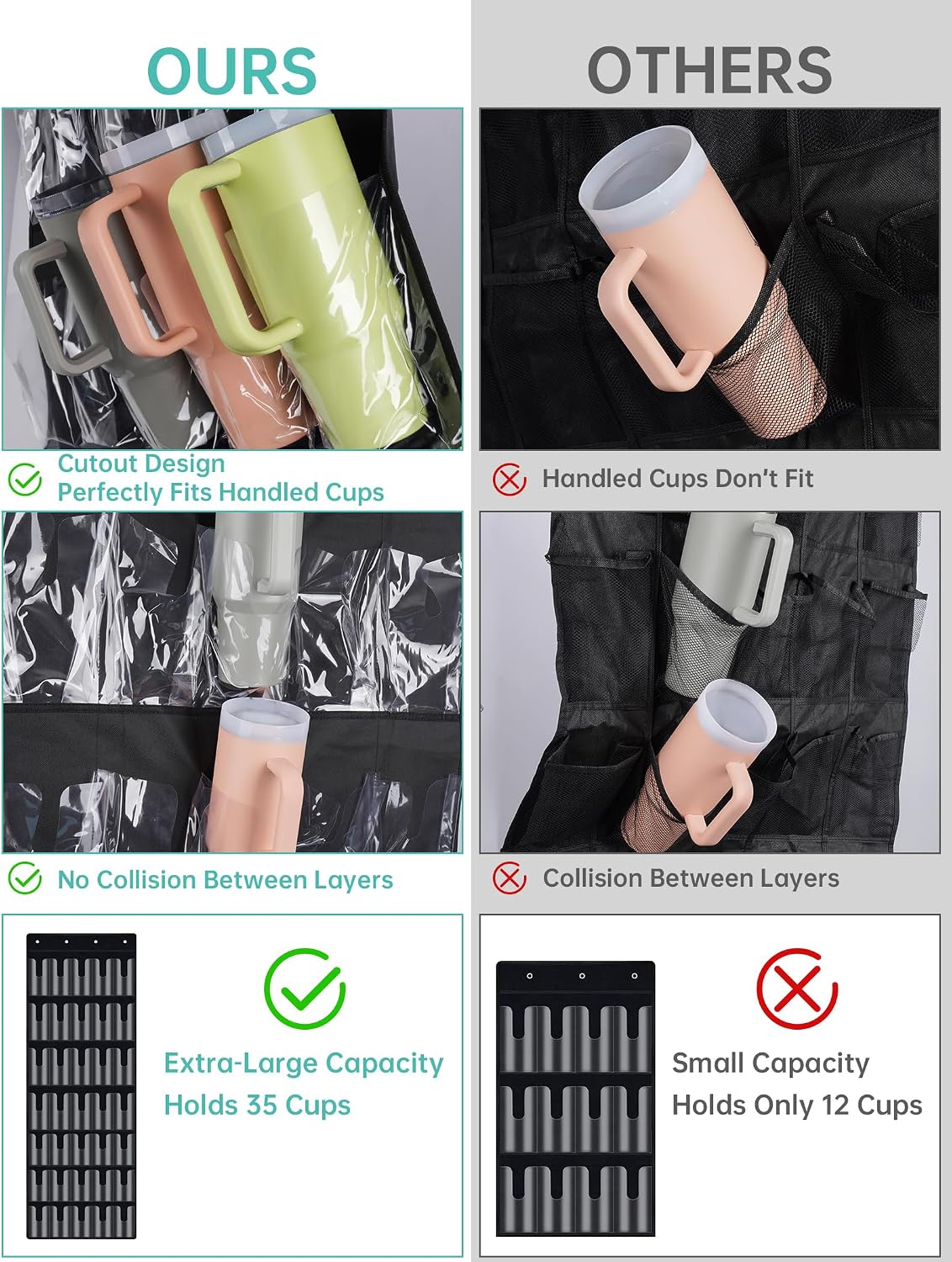 35 Pockets Door Hanging Cup Organizer Fit for Stanley Tumbler, Black | Large Capacity Over the Door Water Bottle Organizer in Kitchen, Pantry, Classroom, Elastic Mesh Secure Storage Cup Holder