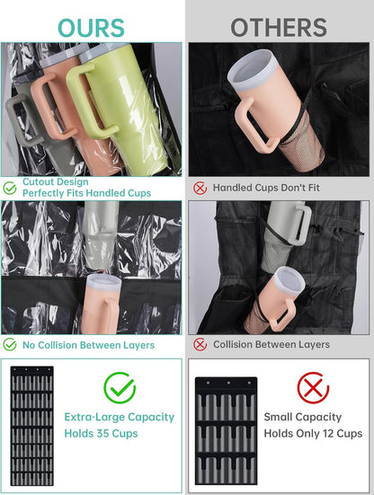 35 Pockets Door Hanging Cup Organizer Fit for Stanley Tumbler, Black | Large Capacity Over the Door Water Bottle Organizer in Kitchen, Pantry, Classroom, Elastic Mesh Secure Storage Cup Holder