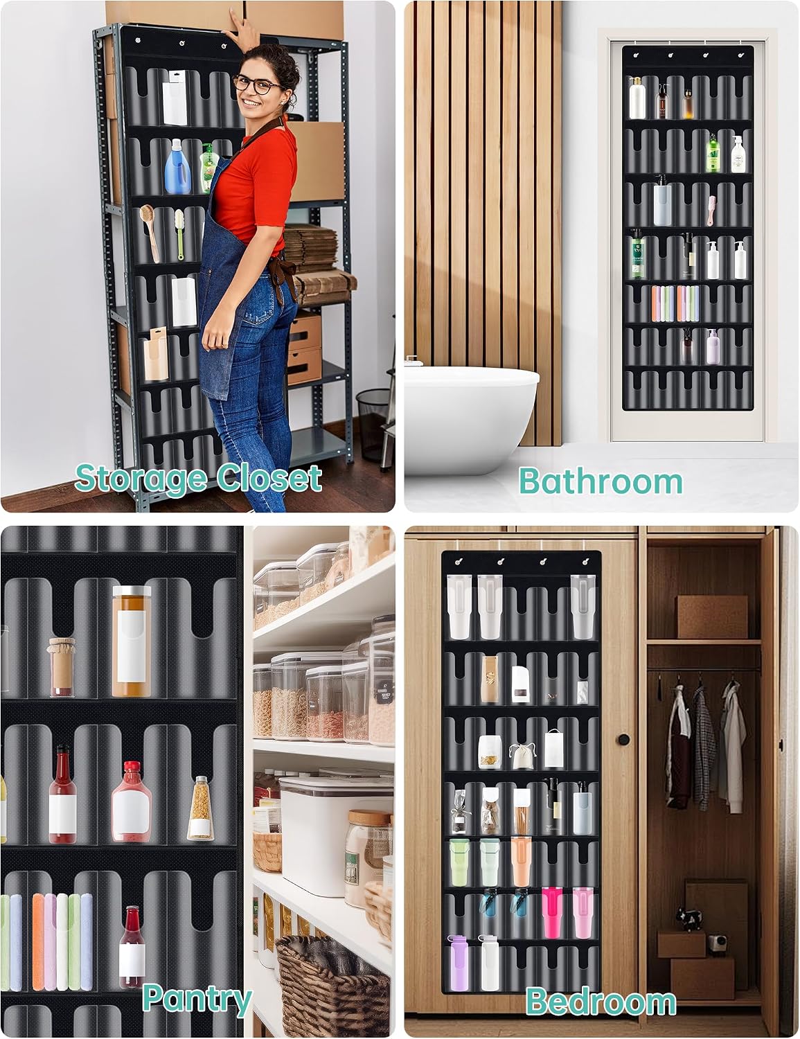 35 Pockets Door Hanging Cup Organizer Fit for Stanley Tumbler, Black | Large Capacity Over the Door Water Bottle Organizer in Kitchen, Pantry, Classroom, Elastic Mesh Secure Storage Cup Holder