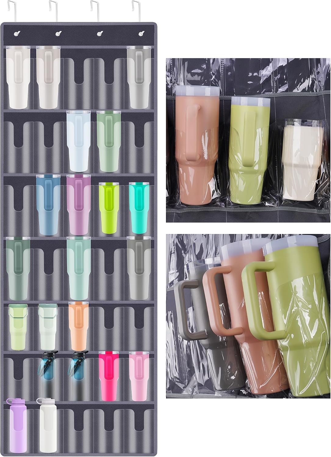 35 Pockets Door Hanging Cup Organizer Fit for Stanley Tumbler, Black | Large Capacity Over the Door Water Bottle Organizer in Kitchen, Pantry, Classroom, Elastic Mesh Secure Storage Cup Holder