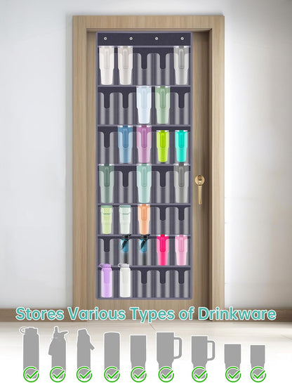 35 Pockets Door Hanging Cup Organizer Fit for Stanley Tumbler, Black | Large Capacity Over the Door Water Bottle Organizer in Kitchen, Pantry, Classroom, Elastic Mesh Secure Storage Cup Holder