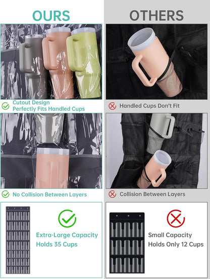 35 Pockets Door Hanging Cup Organizer Fit for Stanley Tumbler, Black | Large Capacity Over the Door Water Bottle Organizer in Kitchen, Pantry, Classroom, Elastic Mesh Secure Storage Cup Holder