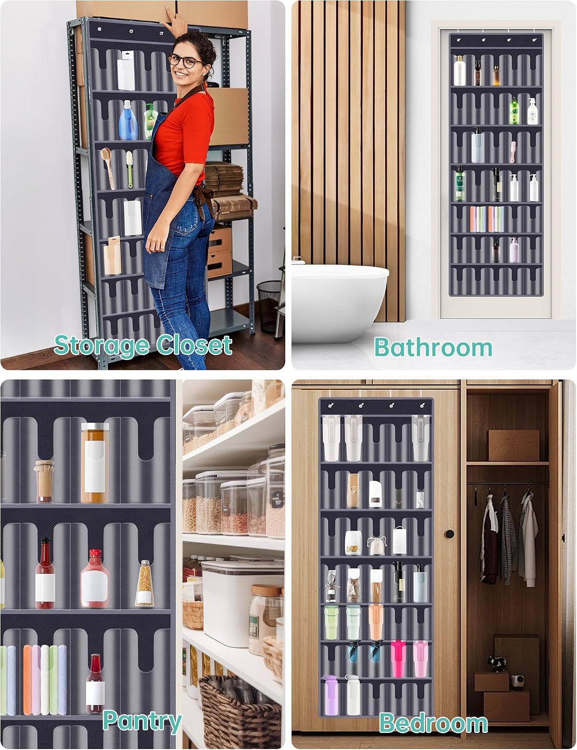 35 Pockets Door Hanging Cup Organizer Fit for Stanley Tumbler, Black | Large Capacity Over the Door Water Bottle Organizer in Kitchen, Pantry, Classroom, Elastic Mesh Secure Storage Cup Holder