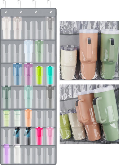 35 Pockets Door Hanging Cup Organizer Fit for Stanley Tumbler, Black | Large Capacity Over the Door Water Bottle Organizer in Kitchen, Pantry, Classroom, Elastic Mesh Secure Storage Cup Holder