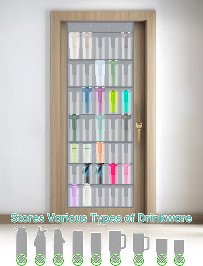 35 Pockets Door Hanging Cup Organizer Fit for Stanley Tumbler, Black | Large Capacity Over the Door Water Bottle Organizer in Kitchen, Pantry, Classroom, Elastic Mesh Secure Storage Cup Holder