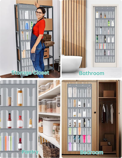 35 Pockets Door Hanging Cup Organizer Fit for Stanley Tumbler, Black | Large Capacity Over the Door Water Bottle Organizer in Kitchen, Pantry, Classroom, Elastic Mesh Secure Storage Cup Holder